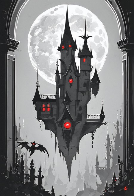 score_9, score_8_up, score_7_up, illustration, monochrome, inside castle, flying bat, threeeyed bat, red glowing eyes, moon, moonlight, nighttime, no humans