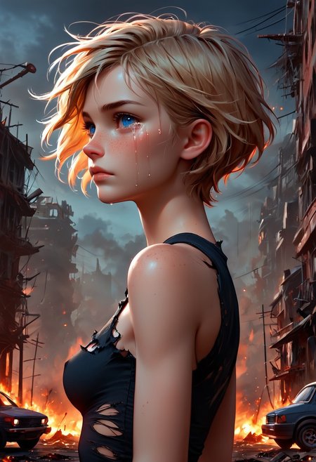 1girl, Masterpiece, 4k, ultra high detail, score_9, score_8_up, score_8, petite, medium breast, short blonde hair, fcNeg, stunning blue eyes, freckles, white skin, small nose, innocent beauty, slim face,  skinny petite body, 
Torn sport clothes
Dark sky, burning sky, nighttime, night, 
Fear in her eyes, crying, 
Sideview,  Apocalyptic scene, burning skyscraper, burning city, derstroyed cars, a huge asteroid swarm in the sky, 
Many asteroids in the sky, 
End of the World, 
negative_hand, NightScapes,