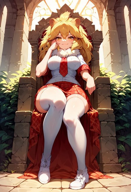 safe_pos, 1girl, ((solo)), best quality, ultra-detailed, extremely detailed, perfect anatomy, masterpiece, score_9, score_8_up, score_7_up, Expressiveh, lion (kemono friends), blonde hair, animal ears, tail, yellow eyes, long hair, hair between eyes, white shirt, short sleeves, fur collar, red skirt, plaid skirt, red necktie, plaid necktie, thighhighs, breast pocket, white shoes, medium breasts, thick thighs, wide hips, thigh squish, full body, indoors, medieval ruins, throne room ruins, stone throne, plant overgrowth, light shining in through windows, windows on sides, sitting in throne, leaning into throne, one leg crossed, resting elbow on leg, leaning forward, resting hand on cheek, confident look, confident smile, smug smile, staring at viewer, viewed from below, dynamic lighting, portrait shot, 