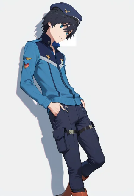 masterpiece, best quality, intricate details, , , 1boy, solo, male focus, <lora:hiro_franxx_ilxl:0.98>, hiro_franxx, black hair, blue eyes, bangs, , , Slim-fit cargo pants, Polo jacket, Boots, Beret,