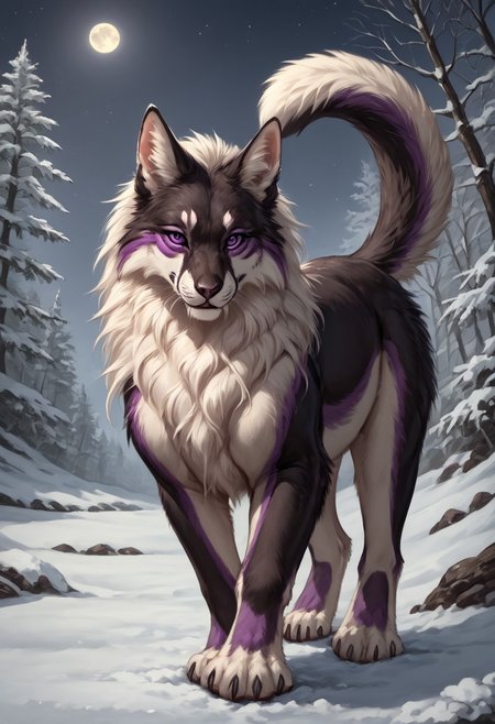 score_9, score_8_up, score_7_up,  ng_deepnegative_v1_75t, by reallynxgirl, Expressiveh,  female, ((((feral)))), 1girl, furry_female, solo, furry, animal_ears, tail,moon, night, purple_eyes, long_hair, animal paws, pawpads, seductive pose, lies on its side,  outdoors, claws, looking_at_viewer, tree, forest, cinematic lighting, anime style,  2D, frontal,  snow, detailed background,