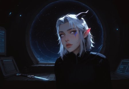 safe_pos, safe_pos, ((score_9_up, score_8_up, score_7_up:1.3)), rating_safe, face closeup, 1girl, Rayla, White Hair, Elf Ears, RayHorns, RayFacepaint, Colored Skin, (very attractive face), wide hips, image from side, (expressive eyes), Raybodysuit, futuristic style, inside loft-style cabin aboard a spaceship, spacious round window-illuminator offering a view of outer space, a large windowsill, Rayla sitting on window seat sharpening a dagger (futuristic computer monitors, gauges, lights:1.1), detailed background, amazing background, neon, glow, glowing, (bioluminescence:1.1), high contrast, dynamic angle, dynamic pose, coy expression, very aesthetic, diffused lighting, every detail illuminated, ultra-detailed, masterpiece artwork, flawless anatomy, easynegative, eye catching,  Expressiveh, g0thicPXL, glowing, neon, TDPStyle,