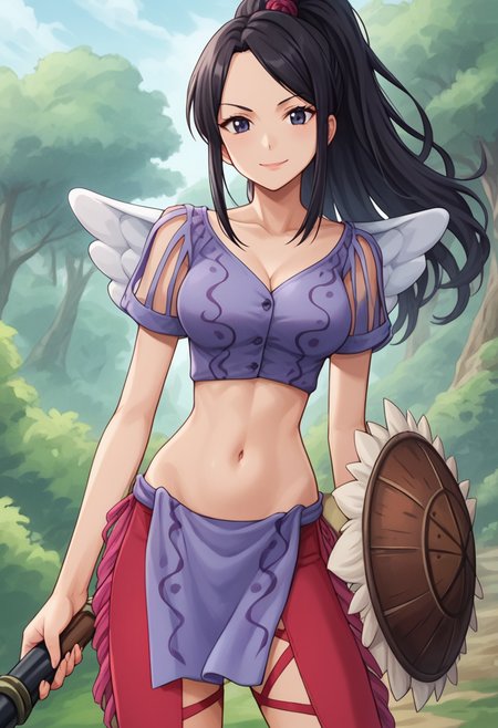 score_9, score_8_up, score_7_up, score_6_up, score_5_up, score_4_up, 1girl, Laki, purple cropped jacket, red legwear, leg cutout, fringe trim, purple loincloth, arm shield, rifle, holding weapon, wings, black hair, ponytail, sidelocks, hair knot, black eyes, looking at viewer, smile, cute, outside, detailed background, <lora:Laki_pony:0.9>