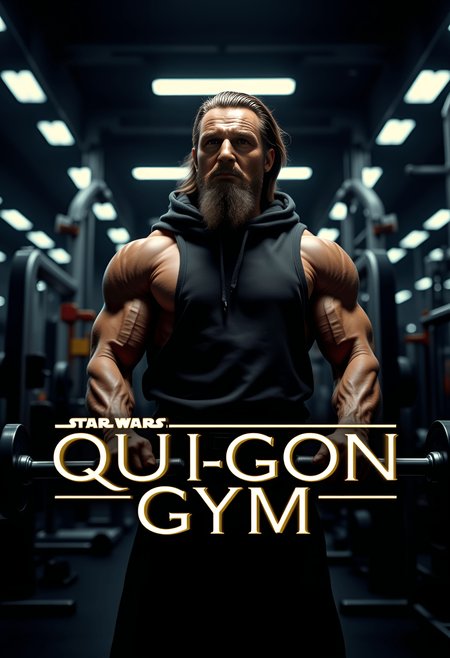 Qui-Gon Jinn from The Phantom Menace, wearing a sleeveless Jedi robe that shows off his massive muscles, with huge biceps and broad shoulders, showcasing a powerful physique. He’s lifting weights in a futuristic space gym, surrounded by advanced gym equipment and a cosmic, starry backdrop. The lighting is dramatic, highlighting his chiseled form and intense focus. He has his signature long hair and beard, and his expression is determined as he lifts. In the middle of the image, there’s a text overlay in Star Wars font that reads 'Qui-Gon Gym', in bold and iconic lettering