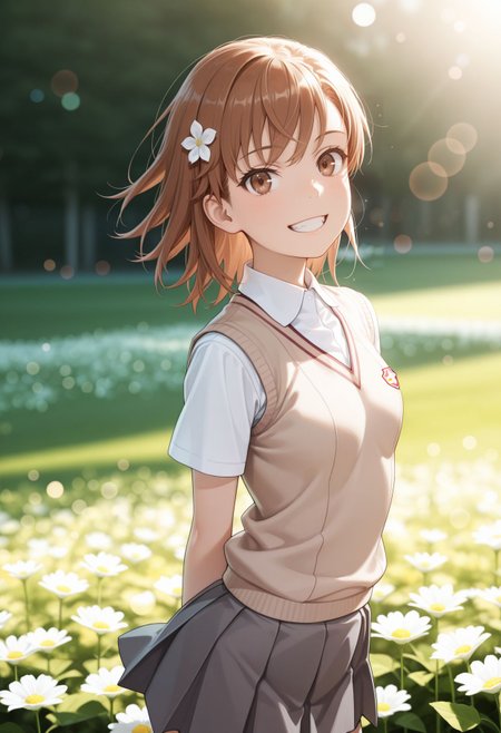 masterpiece,best quality,absurdres,highres,very aesthetic,high quality,detailed,insanely detailed,beautiful,perfect lighting, ,depth of field,blurry background,bokeh, looking at viewer, looking at viewer, flower field, smile, happy,  teeth, arms behind back, 
 <lora:Misaka Mikoto :1> 1girl, brown hair, brown eyes, medium hair, hair flower, tokiwadai school uniform, summer uniform, brown sweater vest, pleated skirt, white shirt, collared shirt,  short sleeves, miniskirt, grey skirt,