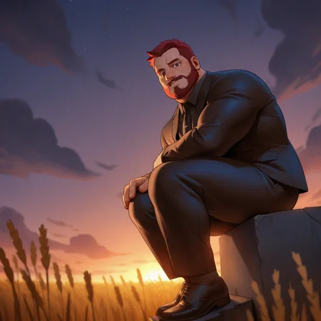 <lora:tevit-ill-v1:.7>, ((t0v1t1ll)), ((sitting on a ledge with legs dangling and arms resting on knee, field of wheat, funeral suit, plum hair, evening, Over-the-shoulder shot))
(very short hair, beard, bara, mature, facial hair, stubble, beard, full beard, sideburn, beard, a lot of beard, ), facial hair,male focus, muscular male, muscular male, bara, mature,  bara, mature,  very awa, masterpiece, best quality, absurdres, newest, perfect quality, detailed background, intricate details,
<lora:slider_Body Type_alpha1.0_rank4_noxattn_last:3><lora:slider_cfg_scale_boost:.7>,<lora:slider_il_brightness_slider_d1:-1><lora:slider_il_contrast_slider_d1:-1><lora:slider_DarkSlider1.2_alpha1.0_rank16_full_300steps:-.6>