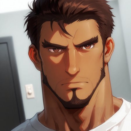 <lora:Gazef_Stronoff-000007:1>,Gazef Stronoff, Brown hair, brown eyes, Dark skin, face focus, close-up, looking at the viewer,
(very short hair, beard, bara, mature, facial hair, stubble), facial hair,male focus, muscular male, muscular male, bara, mature,  bara, mature, dutch angle,
aixiwuganda_(20222192), very awa, masterpiece, best quality, absurdres, newest, perfect quality, detailed background, intricate details,
<lora:slider_Body Type_alpha1.0_rank4_noxattn_last:2><lora:style_Anime Summer Days 2 Style SDXL_LoRA_Pony Diffusion V6 XL:.6><lora:slider_cfg_scale_boost:.7><lora:Artist6p:.55> Artist6p, Artist04p,<lora:slider_il_brightness_slider_d1:-1><lora:slider_il_contrast_slider_d1:-1><lora:slider_DarkSlider1.2_alpha1.0_rank16_full_300steps:-.6>