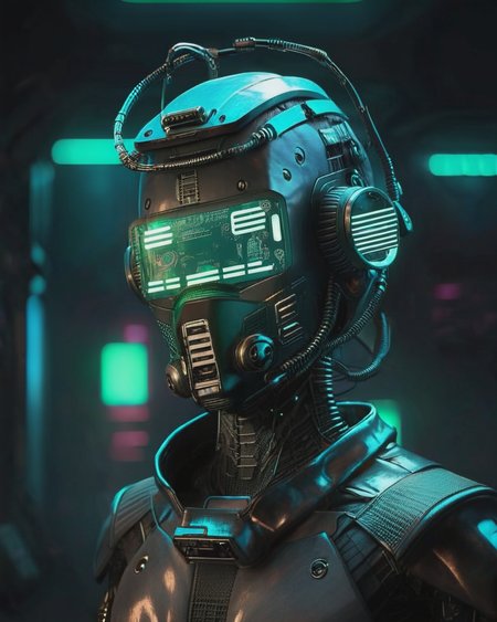 a digital communicator with a mask on its head, cyber sci-fi, cyberpunk style <lora:sdxl:1>