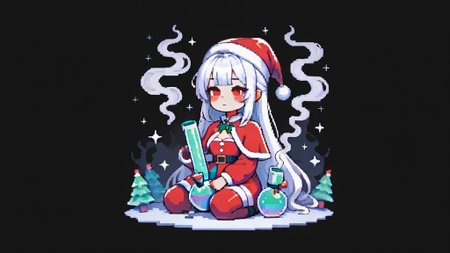 ,masterpiece,best quality,newest,  <lora:BongHitIL:1.0> bongil, 1girl, solo, sitting, pixelart , smoke, christmas themed, red outfit, santa hat, dark background