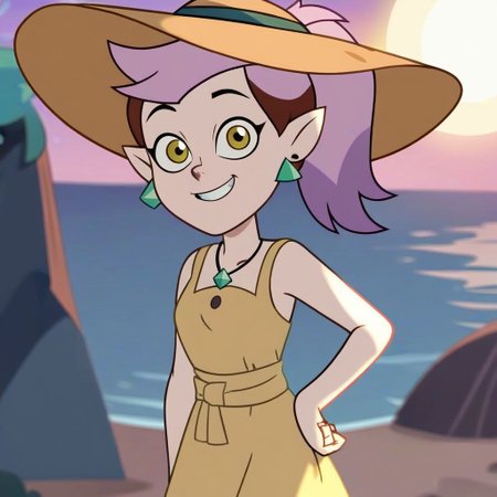 rating_questionable, score_9, score_8_up, score_7_up, score_6_up, score_5_up, score_4_up, BREAK, source_cartoon, source_anime, the_owl_house, show_accurate, accurate_art_style, flat_color, flat_colors, vibrant, the_owl_house_show
Amity_Blight, Adult_Amity_Blight, earrings, triangle_earring, multicolored_hair, purple_hair, pink_hair, brown_hair, ponytail, pointy_ears, pale_skin, yellow_eyes
1girl, beach, morning, hand on waist, pose, looking_at_viewer, smile, sundress, sun_hat, cute, small_smile