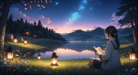 (masterpiece, top quality, best quality, official art, beautiful and aesthetic:1.2)
1girl, sitting on grass, holding a book, night, nighttime sky, lantern lighting up immediate area, stars, end of sunset, colorful sky, peaceful, flowers, fireflies,  highly detailed, wide shot,   
highres, ultra high res, 4k, 8k, intricate detail, cinematic lighting, amazing quality, wallpaper <lora:aesthetic_anime_v1s:1.2>  <lora:fiasco_A1:1> <lora:add_details_xl:1.2>