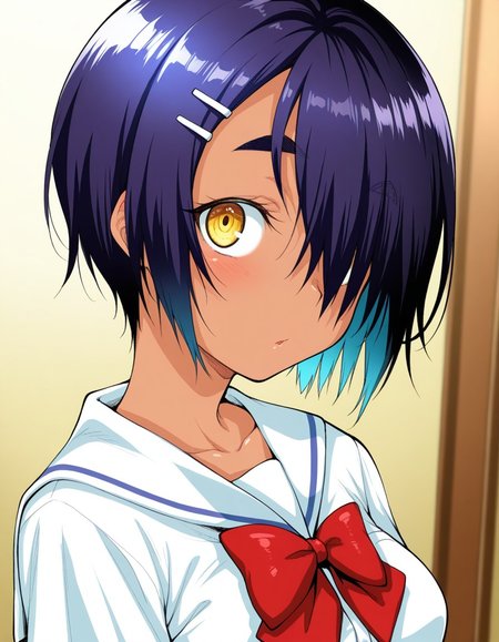 good quality, best quality, masterpiece, absurdres, anime screencap, anime coloring, traditional media, uncensored, 1girl, solo, (portrait:1.2), s3cretd3coration, 1girl, solo, tomboy, dark skin, dark-skinned female, black hair, thick eyebrows, short hair, hair over one eye, yellow eyes, hairclip, medium breasts, school uniform, serafuku, white shirt, white collar, short sleeves, red bowtie, dark blue skirt, pleated skirt, looking at viewer, shiny hair, ultra detailed eyes, depth of field, sharp, intricate details, hyperdetailed, , <lora:0e824170-eb6f-4e9e-85f8-5f48ebe15012:1.0>