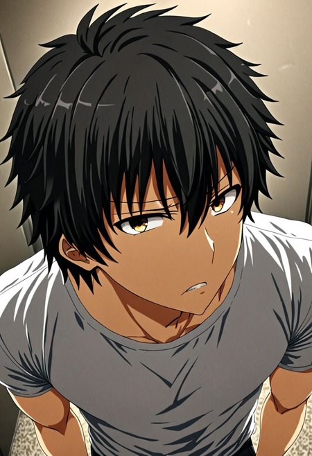 high resolution, solo, best quality, 1Boy, Seiya Kanie, black hair, short hair, thin, kabedon POV, T-Shirt, OverallDetail