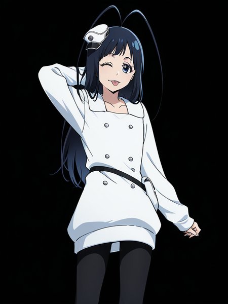 score_9, score_8_up, score_7_up,  
1boy, androgynous, giselle gewelle, blue eyes, black hair, long hair, antenna hair,
standing, solo, black background, smile, closed mouth, tongue out, looking at viewer,
mini hat,
military uniform, white dress, long sleeves, collarbone, short dress, double breasted, waist bag, black leggings, arm behind head, wink, 

