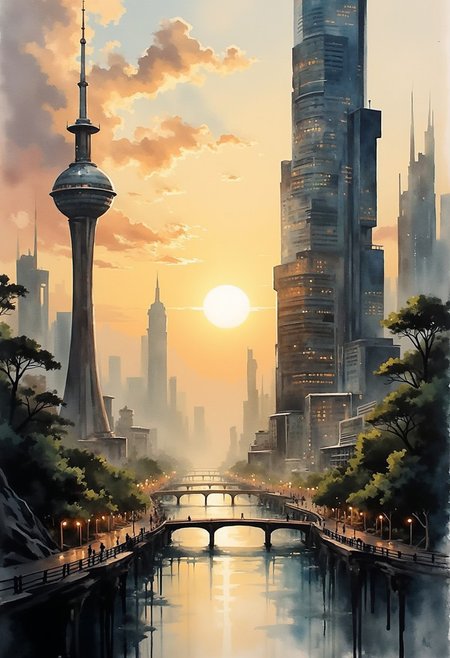 A dinkfsn style ink wash painting, in the style of ck-mgs, inkwash of an advanced sci-fi cityscape, with gleaming towers and skyscrapers, clear sky, sunset, golden hour