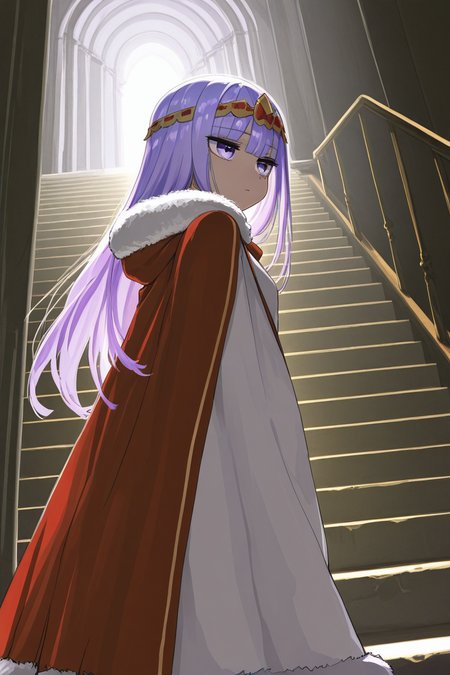 masterpiece, best quality, amazing quality,
 <lora:Syalis_IL:1> syalis, purple hair, 1girl, cape, stairs, solo, purple eyes, long hair, fur trim
