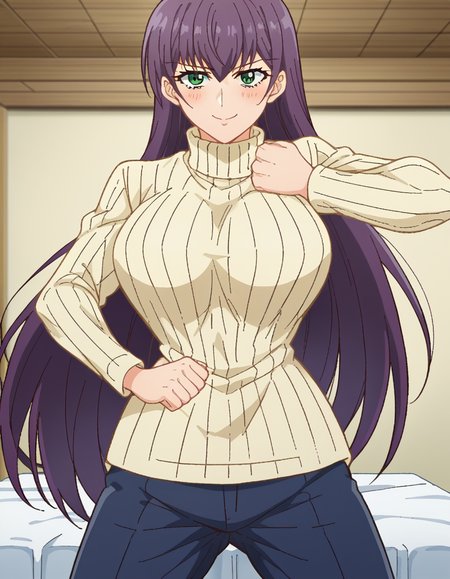 score_9, score_8_up, score_7_up, source_anime, <lora:yutaka-shinozaki-s1-ponyxl-lora-nochekaiser:1>, yutaka shinozaki, long hair, bangs, very long hair, green eyes, purple hair,, large breasts, mature female, long sleeves, pants, sweater, turtleneck, ribbed sweater, turtleneck sweater, blue pants, white sweater, windmill, blades, farm, wind, traditional, , <lora:giorno-giovannas-pose-ponyxl-lora-nochekaiser:1>, giorno giovannas pose, giorno giovanna's pose (jojo), jojo pose, hand up, arm up, clenched hand, hand on waist, blush, shirt, smile, bed room, cowboy shot, looking at viewer, solo,, dutch angle, cowboy shot