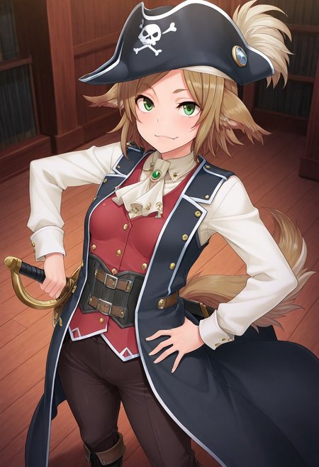 (1girl, solo) noa riads, animal ears, Green Eyes, tail, brown hair, short hair, Pretty eyes, , 1girl, solo,, brown hair,, fluffy tail, ahoge, animal ears, dog ears, small breasts, swept bangs , green eyes, animal ears, tail, , ,
Eye focus , shiny skin, shiny body, shiny hair, (best quality) , (highly detailed) ,((masterpiece)), ((best quality)), (ultra-detailed), ((extremely detailed)), (high resolution), 4K, (8K), best quality, (beautiful), (dynamic lighting), (super detailed skin), sharp focus,detailed eyes、detailed face and detailed skin detailed eyes、detailed face and detailed skin,  , clear skin, shiny hair, ultra detailed eyes, depth of field, sharp, intricate details, hyperdetailed, , 
, best quality, (beautiful), (dynamic lighting)  (standing, 3/4 view), perfect face, beautiful face, defined cheekbones, defined jawline, confident expression, narrow eyes, one hand on hip, perfect hands, black coat with decorative golden symbols, black leather underbust corset, black trousers, black boots, sword, sword on hip,(Pirate Disguise), black tricorne hat, white sleeves, white tunic, red vest, red waistcoat, brown trousers, brown boots,black trousers, black boots,
  ,, shindol style