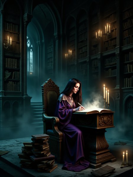 an atmospheric, highly detailed fantasy painting in the style of 17th-century oil paintings, featuring rich textures and deep shadows, inspired by classic depictions of arcane knowledge and mystical settings, 
a vertical shot capturing a beautiful sorceress, seated in an ornate, gothic-style library illuminated by the dim glow of flickering candles, she is surrounded by towering bookshelves filled with ancient tomes, alchemical ingredients, and mystical artifacts, in the center of the scene, she is deeply absorbed in reading from a mysterious, glowing grimoire resting on a heavy wooden lectern, arcane symbols glow faintly in the air around her, as if alive, in the foreground, a stack of books stands on the dark, polished stone floor, partially illuminated by the candlelight, the wooden lectern is intricately carved with magical runes and symbols, its surface worn from centuries of use, in the background, the towering bookshelves stretch up toward the high, vaulted ceiling, a faint mist hovers near the floor, adding to the eerie, arcane atmosphere, the farthest shelves are barely visible in the darkness, the sorceress is leaning slightly forward, her delicate fingers brushing over the ancient text, her eyes glow faintly, her focused expression suggests she is unraveling powerful knowledge, the energy from the grimoire subtly illuminates her face, casting her in an ethereal glow, the sorceress is beautiful and mysterious, with long flowing silky dark hair cascading down her back, her deep violet robe is adorned with silver embroidery and lined with runes that shimmer faintly, she wears an intricate amulet around her neck, her eyes are sharp and intelligent and glow with otherworldly power, her lips are slightly parted as she mouths the words of the spell, the vertical format allows for a detailed view of the towering bookshelves and high, arched ceiling, adding to the grandeur of the setting, the camera is at eye level with the sorceress, the angle is slightly tilted upward, capturing the grand, mystical atmosphere of the library, the lighting is soft, primarily from the flickering candles and the glowing grimoire, deep shadows create a sense of mystery, the ambient glow of magical symbols in the air adds a subtle otherworldly quality, the rich color palette includes deep purples, teal, golds, and dark browns, contributing to the arcane setting, the image is rendered with meticulous brushstrokes and attention to detail, the texture of the scene is rich, evoking the look of classic oil paintings, the soft, ethereal lighting contrasts with the deep shadows, enhancing the mystical atmosphere, d4artstyle, d4concept, <lora:image_enhancer-flux-by_dever:0.8> <lora:style-diablo_iv_concept_art-flux-by_chronoknight:0.6>