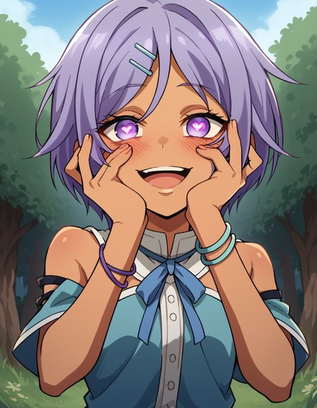 score_9, score_8_up, score_7_up, source_anime, <lora:dainanaouji-ren-s1-ponyxl-lora-nochekaiser:1>, ren, short hair, purple eyes, purple hair, dark-skin, dark-skinned female, hair clip, shirt, ribbon, bare shoulders, jewelry, short sleeves, shorts, bracelet, short shorts, clothing cutout, neck ribbon, blue shirt, blue ribbon, Outdoors, nature, scenery, open space, sunlight, , <lora:yandere-trance-ponyxl-lora-nochekaiser:1>, yandere trance, yandere, hands on own cheeks, hands on own face, crazy eyes, crazy smile, crazy, heart-shaped pupils, glowing eyes, symbol-shaped pupils, hand on own face, open mouth, glowing, blush, looking at viewer,, looking at viewer, solo,, dutch angle, cowboy shot