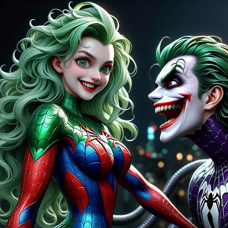 Scalebound SDXL(Concept)Mystic Lumina ((masterpiece, best quality)), illustration, digital painting, dfc, cinematic shot of a male (joker) (joker) as (spider man), 1girl, long green hair, large breast, official art, unity 8k wallpaper, ultra detailed, aesthetic, masterpiece, best quality, photorealistic, dark theme <lora:lowra_v10:0.5>  crazy smile, (open mouth) waist upt up