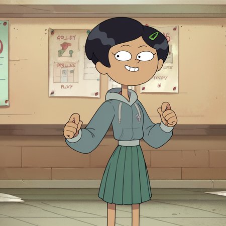 score_9, score_8_up, score_7_up, 1girl, Marcy, black hair, short hair, hairclip, flat chest, narrow waist, wide hips, looking at viewer, school uniform, hoodie, highres, high quality, masterpiece, <lora:Marcy_Wu:1>