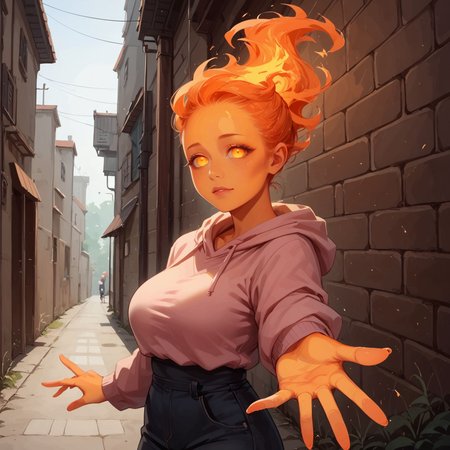 score_9, score_8_up, score_7_up, score_6_up, score_5_up, score_4_up, source_cartoon, <lora:Nova_Sphere_Style_V1.0:0.8>, Beautiful Lighting, realistic,
1girl, ultra detailed eyes, thick thighs, huge ass, narrow waist, 
detailed background, outdoors, alley,
oversized hoodie, pink hoodie, (bottomless:1.3), ponytail, large breasts,
(reaching towards viewer:1.3), upper body, 
 <lora:firehuman:1>, firehuman, fiery body, orange body, white eyes,