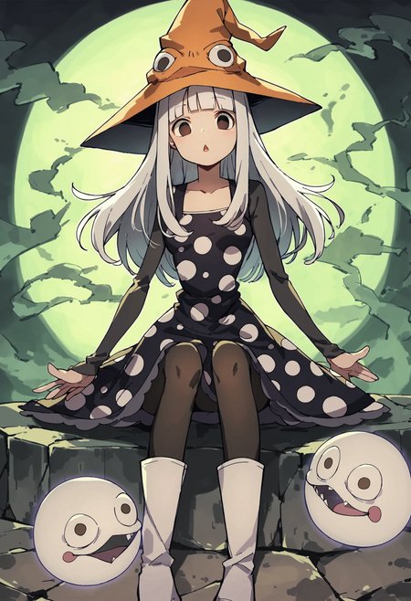(score_9,score_8_up,score_7_up,score_6_up,score_5_up,score_4_up, source_anime:1.2),  facing viewer,  anime, (vivid colors, bright colors:1.1),  1girl,  thin, curves, adult, thin waist, (Eruka_Frog:1.3),   medium size breasts, open mouth, white hair,long hair,bangs,orange hat, thin hat, witch hat, black dress,black pantyhose,white boots,polka dots,polka dot dress, (sitting crosslegged, conjuring a spell:1.2),( eerie, ghostlights, ghostfire, night, bright lightsource, green theme:1.2),   <lora:Eureka_Frog_v10:1>,  <lora:add-detail-xl:1>