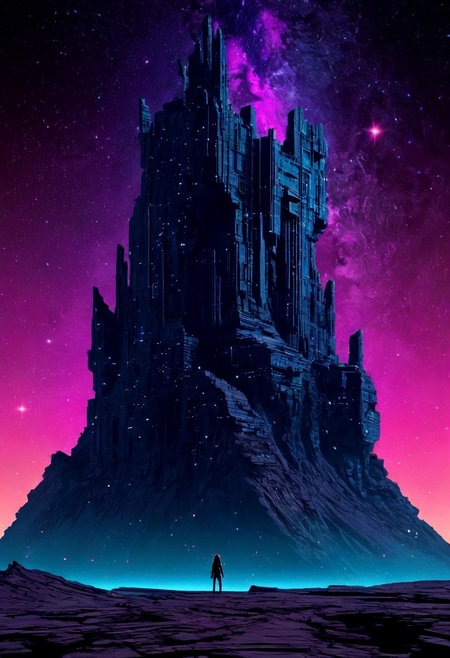 , menacing design.  
R3alisticF, Monochrome with color, retro scan of spectral neon Gradient ascii_art, a 80s Sci-fi Ethereal. Dark space, 80`s sci-fi , neon-pastel colors, grainy, vintage. In a discovery that has captivated astronomers and sparked the imaginations of artists and dreamers, NASA's deep space telescope has captured images of a sight both breathtaking and unsettling: a colossal fortress, carved from a single piece of obsidian-like material, orbiting a dying star. And at its heart, a figure of ethereal beauty: a woman, her form sculpted from the same dark material, stands as a silent guardian, her gaze fixed on the infinite expanse of space. The fortress itself is a marvel of dark artistry, its surface a swirling mass of shadows and dimly lit facets. Strange energy signatures pulse from within the fortress, suggesting a mastery of technology far beyond human comprehension, a power that seems to be channeled through the woman at its center. The surrounding space is eerily silent, devoid of any signs of life or civilization, adding to the sense of mystery and wonder that surrounds the obsidian structure.