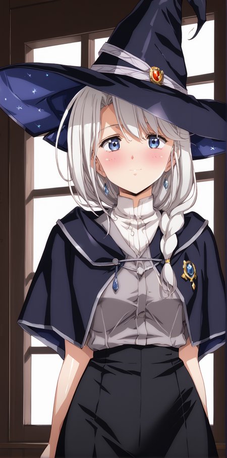 1girl, masterpiece, highres, high quality,night, dark room,
score_9, score_8_up, score_7_up, score_6_up, source_anime,
(mature female), cowboy shot, 
BREAK
indoors, (blush:2), seductive smile, smile, 
covered nipples, 
BREAK,
BREAK,
Victoria, long hair, blue eyes, braid, single braid, witch hat, ahoge, white hair,<lora:Urushihara Satoshi_XL_PONY_V2:0.9>,<lora:WanderingWitch:0.8>