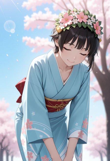 masterpiece,best quality,absurdres,highres,very aesthetic,high quality,detailed,insanely detailed,beautiful,perfect lighting, ,depth of field,blurry background,bokeh, 
 kimono, sash, collarbone, wide sleeves, bowing, looking at viewer, closed eyes, facing viewer, blue sky, cherry blossoms, smile
 <lora:Uiharu Kazari:1> 1girl, short hair, black hair, brown eyes, head wreath,