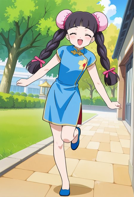 outdoor, oriental, trees, grass, cityscape,
BREAK,
eyes closed, open smile, blush, standing on one leg,
full body,
dynamic angle, 
BREAK,
<lora:tomoyoS_illustriousXL_v03:0.9>
tomoyocna, double bun, twintails, twin braids, high braid, pink double bun, purple eyes, long hair, blunt bangs, black hair, 
blue china dress, floral print, sleeveless, bare shoulders, knee length dress,
blue footwear,, source_anime, very aesthetic, anime coloring, masterpiece, 
best quality, amazing quality, ultra detailed, very aesthetic, 
detailed background, 
BREAK,