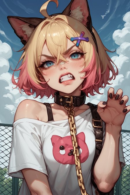 1girl, , animal ears, dog ears, x hair ornament, hair ornament, animal ear fluff, blonde hair, pink hair, solo, black nails, dog girl, shirt, teeth, multicolored hair, collar, white shirt, blue eyes, short hair, looking at viewer, cloud, clenched teeth, single off shoulder, nail polish, sky, streaked hair, blush, black collar, chain, breasts, bandaid, chain leash, hairband, outdoors, claw pose, t-shirt, ahoge, single bare shoulder, bandaid hair ornament, fence, upper body, fingernails, leash, day, animal collar, hair between eyes, blue sky, hairclip, angry, short sleeves, mococo abyssgard, zPDXL3, detailxl,  Score_PnyReal