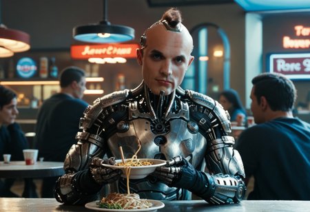 score_9, score_8_up, score_7_up, score_6_up, score_5_up, score_4_up, source_movie, android, cyborg, 1boy, zapan, eating noodles in a diner,  looking at viewer, male focus, multiple boys, solo focus, 2boys, armor, science fiction, realistic, bald, mohawk,  <lora:zapan_pxl_v3:1>