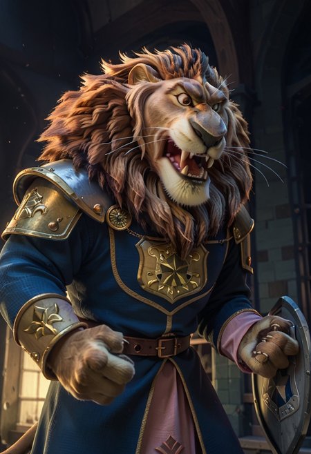 score_9, score_8_up, score_7_up, 
rating_safe, looking at viewer, 
roaring, action pose, (angry), action lines, view from below, pink clothes, gold trim,
Lionheart, furry male, solo, lion, brown fur, brown eyes, whiskers, lion tail,
medieval armor, fuschia robes, heart shield,
medieval castle, hall, columns, cobwebs, indoors,  ((night time)),  warm lighting,
