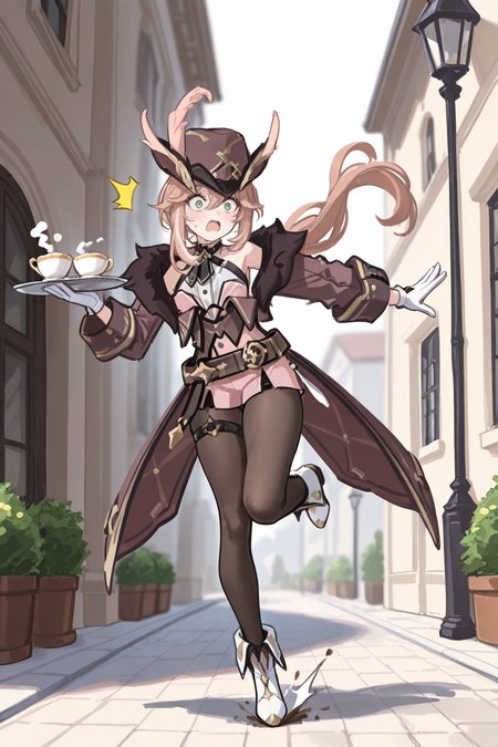 masterpiece, best quality, very aesthetic, newest, absurdres, highres,
1girl, solo,
 <lora:CloriPinkGreenBrownVerIllustriousV1:1> cloripinkgreenbrownver, green eyes, brown pink hair, low ponytail, streaked hair, fur-trimmed coat, white gloves, hat, hat feather, pantyhose, belt, white footwear,
running, falling, ^^^, coffee, teacup, holding tray, standing on one leg, open mouth, sweat, surprised, outdoors,  outstretched arms, tripping,
<lora:MoriiMee_Gothic_Niji_Style_Illustrious_r1:0.3> artist:moriimee <lora:QUASARCAKEXLillokrV531:0.5>
