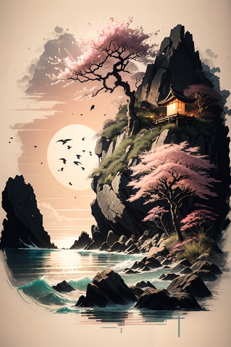 <lora:Calligraphy-ink-style-darquelilly-v1:1> calligraphyinkstyle, Asian wishing lanterns in the night sky, cherry blossom trees, a beach by the sea, volumetric lighting, night time, moonlight rfelected in the water, black background, peacful atmosphere