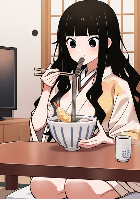 masterpiece, best quality, absurdres, perfect lighting,shiny skin,<lora:spo_sdxl_10ep_4k-data_lora_webui:0.6>,1girl,itoshiki_rin,long hair, black hair,wavy hair, blunt bangs,black eyes,<lora:itoshiki_rin:0.9>,japanese clothes,japanise style room,tatami, table, television, <lora:soba_Illust_v1:0.8> soba, eating, noodles, holding chopsticks, bowl, shrimp tempura, steam, kamaboko, hand up joy,