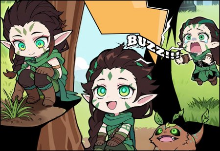 safe_pos, masterpiece, best quality, Xration, amazing quality, very aesthetic, zzzemoji, chibi,grass field, (1girl 1 monster), girl(nissa, brown hair, braid, glowing eyes, green eyes, pointy ears, facial mark, happy, smile, open mouth) sitting, on ground ,looking up,  BREAK, 1monster([pillar:tree:0.2],giant pillar, green pillar, monster, leaves, bark), BREAK, monster in front, monster raising from the ground