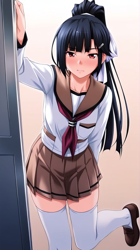 amazing quality,absurdres,best quality,masterpiece,highres,newest,detailed,detailed body,detailed face,masterpiece,best quality,solo,
kurada ibuki,1girl,black hair,long hair,ponytail,red eyes,serafuku,long sleeves,ribbon,hair ribbon,hair ornament,hairclip,pleated skirt,brown skirt,white thighhighs,zettai ryouiki,loafers,brown footwear,<lora:èµç°ãä¼å¹ï¼ãããããã¶ãï¼:0.8>,
