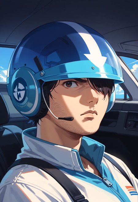 cromartie,Score_9, score_8_up, score_7_up, score_6_up, 1boy, bpbshin, flight suit, standing next to aircraft, portrait, solo, hair over one eye helmet,open helmet grasses,  cockpit,  visor down