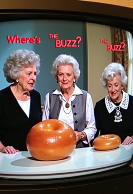 [ Photograph of a commercial playing on an old TV in 1984 ] ((in the commercial on the left: a short elderly lady in black dress with white collar looks down at a giant bun on a white countertop)), ((in the commercial on the right, a second short elderly lady in a black dress with a frilly lace white collar and pearl necklace also looks down at the giant bun on a white counter top)) , ((in the commercial in the center a tall elderly lady in a white blouse with a large locket/ brooch near the collar and grey vest is looking at the viewer)) ,
<< BREAK >>
((Seen above all three elderly ladies in the commercial the text "Where's the BUZZ?" is seen printed legibly , only the words "Where's the BUZZ?" are seen above the ladies in the commercial))