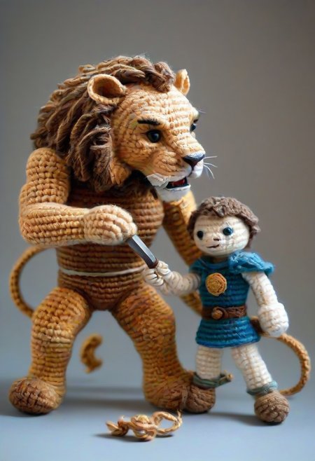 Saber fighting a lion, by saint exupery, crocheted style