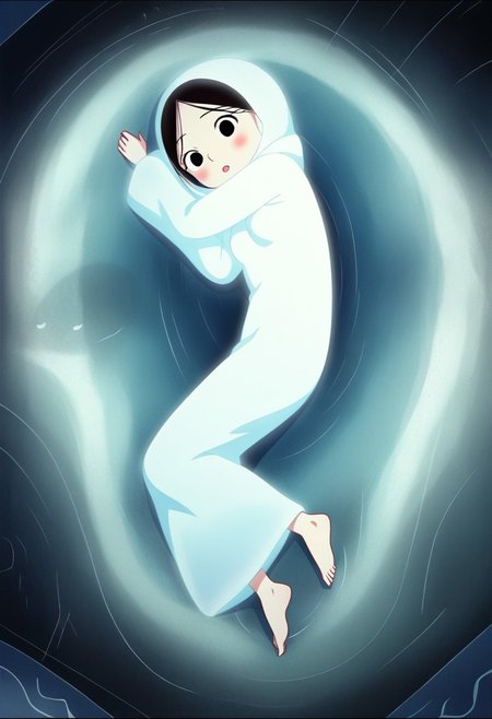 zPDXL3, source_cartoon, Perfect Hands, full body,
1girl, solo, under the sea, looking at viewer, saoirse, black hair, black eyes, blush, ghost, hood up, robe, barefoot, glowing, lying under the sea, from above, lying on side, facing at viewer, feeling cold, eyes open, peaceful emotion, open mouth, sleeve past wrist, slim body, long body, highlight cloth wrinkle, anime style, seals nearby, bubbles, 
<lora:Perfect Hands:1>  <lora:Saoirse_-_The_Song_of_the_Sea-000009:1>