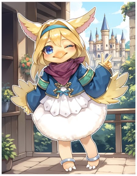 (score_9:0.9),score_8_up,score_7_up,rating_safe,anime_style,(zPDXL3),(zPDXL),
<lora:Filo, Messenger Fur Hire ponyXL v1.1:0.95>,
filo messenger fur hire,solo,1girl,one eye closed,outline,blush,white outline,silver anklet,looking at viewer,closed mouth,smile,cyan hairband,bird girl,feathered wings,full body,blue jacket,happy,barefoot,bottomless,beak,castle,
