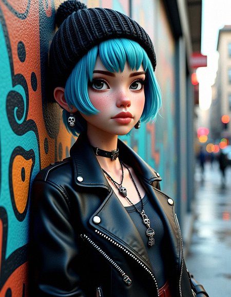 A 3D render using Unreal Engine of a young woman with short blue hair, wearing a knit beanie and a black leather jacket, detailed with skull earrings, chokers, and skull-themed necklaces. The background is A large mural painted on the side of a building, showcasing vibrant street art and urban culture. focusing on cinematic photorealism.

microdetail maps for extremely fine texture details, especially on the skin and clothing.Add roughness variation across materials to enhance realism, especially on skin and fabric. real-time tessellation for dynamic surface detail, such as on the fabric of the beanie.Add subtle wear and tear to materials like the leather jacket, giving it a more lived-in look.Introduce slight imperfections like freckles, pores, and subtle blemishes to enhance skin realism.4k resolution textures for detailed surfaces, especially for the skin, leather jacket, and tattoos.Simulate wet surfaces on the ground or buildings for added realism, especially under streetlights.Add details like graffiti or signs of urban decay to walls or buildings for a gritty atmosphere.Include distant, blurred traffic lights for additional depth and urban context.

She leans back casually against a wall, with one hand in her pocket and the other resting by her side.








