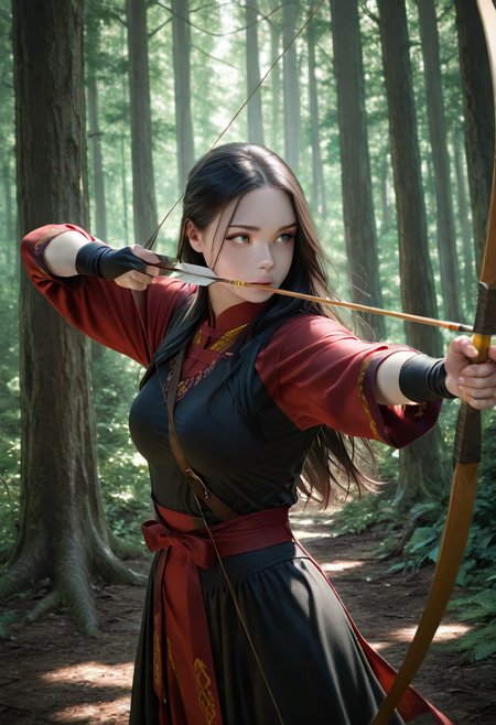 masterpiece, best quality, closed mouth,   1girl, solo, long hair, breasts, black hair, holding, medium breasts, weapon, holding weapon, nature, forest, bow (weapon), arrow (projectile), holding bow (weapon), aiming, drawing bow  ,  <lora:R3alB3auty_IXL_v1:1.0>,