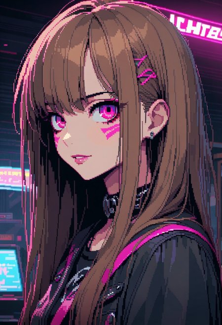 gorgeous lips, cinematic, (masterpiece), (best quality), (ultra-detailed), very aesthetic, illustration, perfect composition, intricate details, absurdres, detailed face, (anime, masterpiece, intricate:1.3), (best quality, hires textures, high detail:1.2), (4k),(incredibly detailed:1.4) 
masterpiece, best quality, ultra-detailed, 8K, highres, (game pixel), (pixel art), (pixelart), (focus character), cartoon, (lofi style), (cyberpunk style), pink line drawing, (1girl), (punk hair style), asymmetry hair, light-smile, long hair, wind, brown hair, inner hair color, punk style, punk fashion, (indoor), purple and black background, bar, neon, neon signage, <lora:more_details:#>, NEON COLOR, LOFI COLOR, <lora:80'sFusion:0.2>, pixel art, cutesycotton