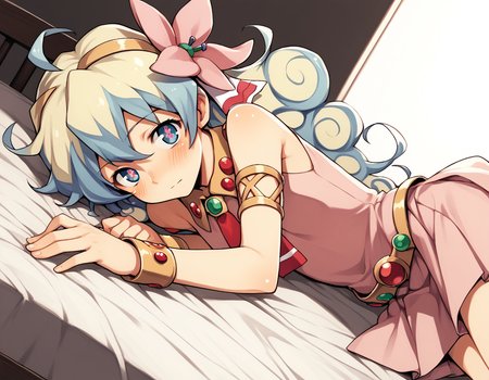 score_9, score_8_up, score_7_up, source_anime,
niateppelin, <lora:nia-teppelin-ponyxl-lora-nochekaiser:1>,
nia teppelin, cross-shaped pupils, hair flower, hair ornament, long hair, multicolored hair, simple background, symbol-shaped pupils, two-tone hair, ahoge, curly hair,
armlet, bracelet, dress, pink skirt, skirt, sleeveless,
indoors, bed, bed room, on side, blush, drunk,
looking at viewer, solo, cowboy shot, dutch angle,