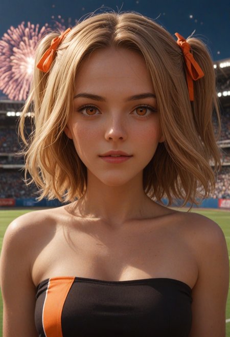 score_9, score_8_up, score_7_up, score_6_up, 
1girl, 25 years old, perfect face, (adult), sexy, 
orange eyes, 
blonde hair, short hair, two side up, hair ornament, 
cheerleader, black tube top, 
stadium, fireworks, 
blush, excited, portrait, face focus, depth of field,
looking at viewer,